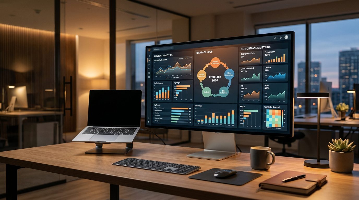 Digital dashboard showing content analytics and feedback loop metrics on a modern office desk