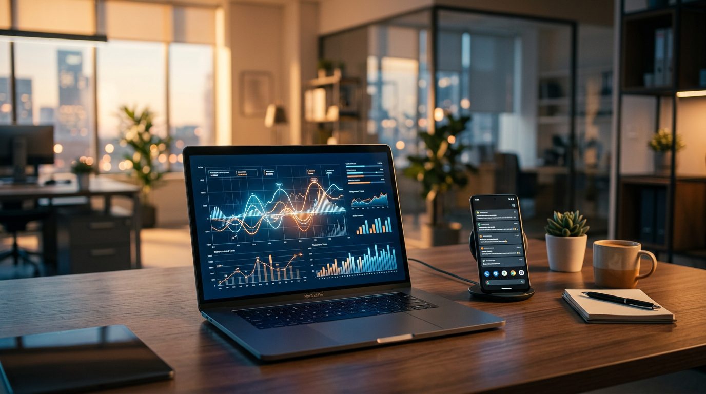 B2B sales operations desk with data visualization and signal monitoring