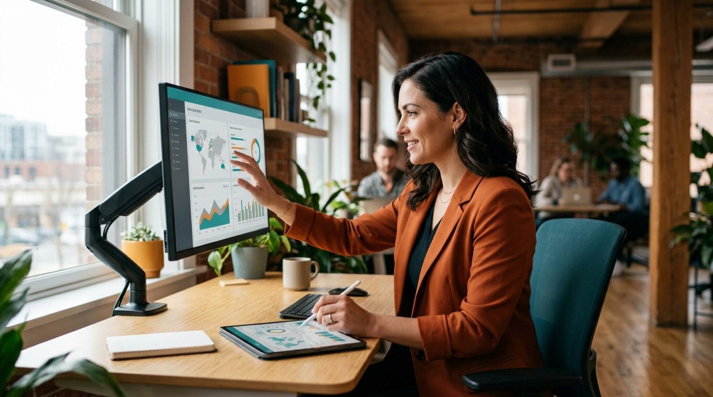 B2B buyer exploring an interactive software demo on a laptop and tablet in a modern office