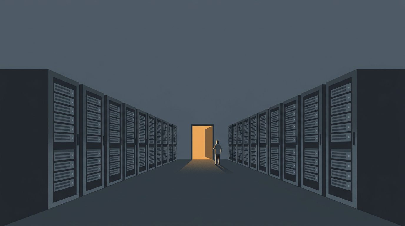 A dark server hall with one doorway glowing amber where a small agent figure waits at the threshold