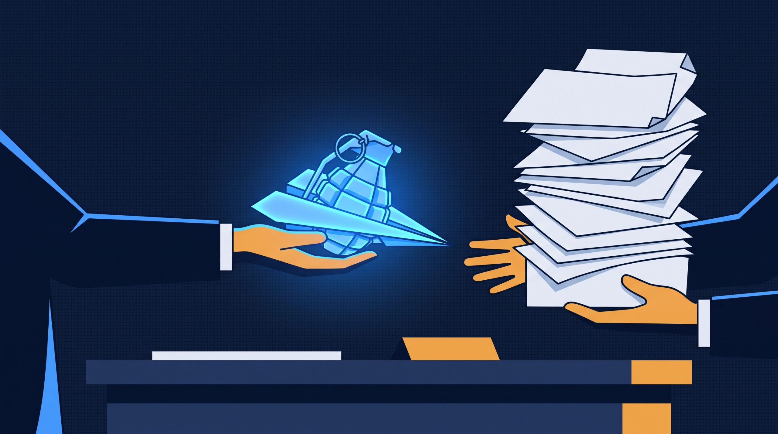 Illustration of a glowing document shaped like a grenade being passed from one hand to another over an overflowing stack of papers