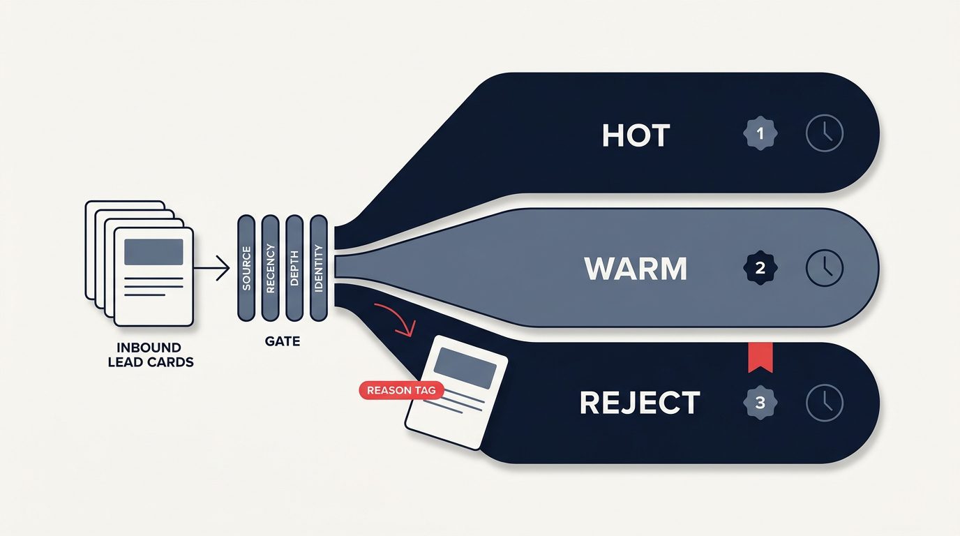 Three routing lanes, hot, warm and reject, fed through a four-condition gate of source, recency, depth and identity